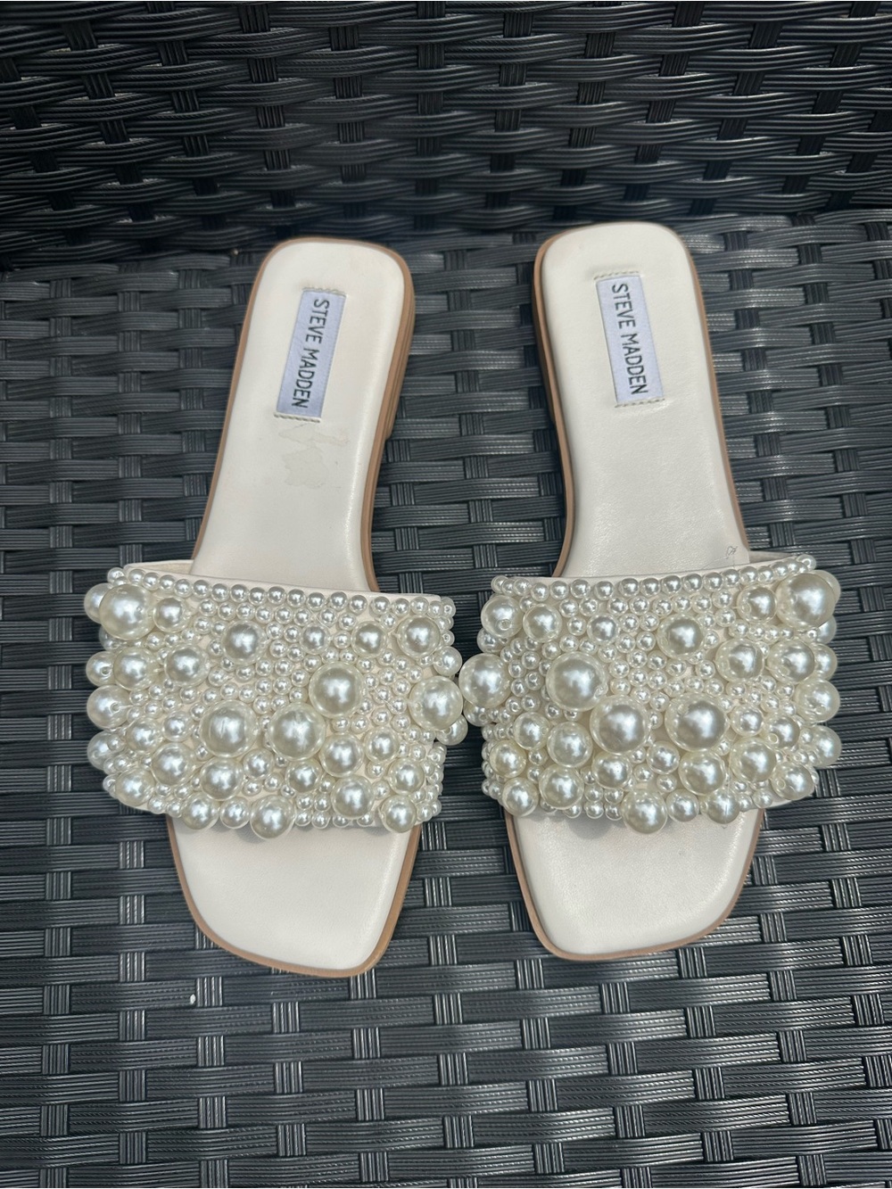 Steve Madden Pearl-Embellished White Slide Sandals